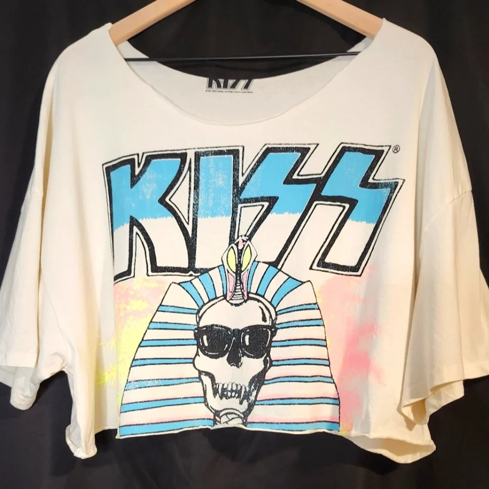Kiss Womens Cropped Concert T-Shirt One Size Skull Neon Festival Rocker Cutoff‎